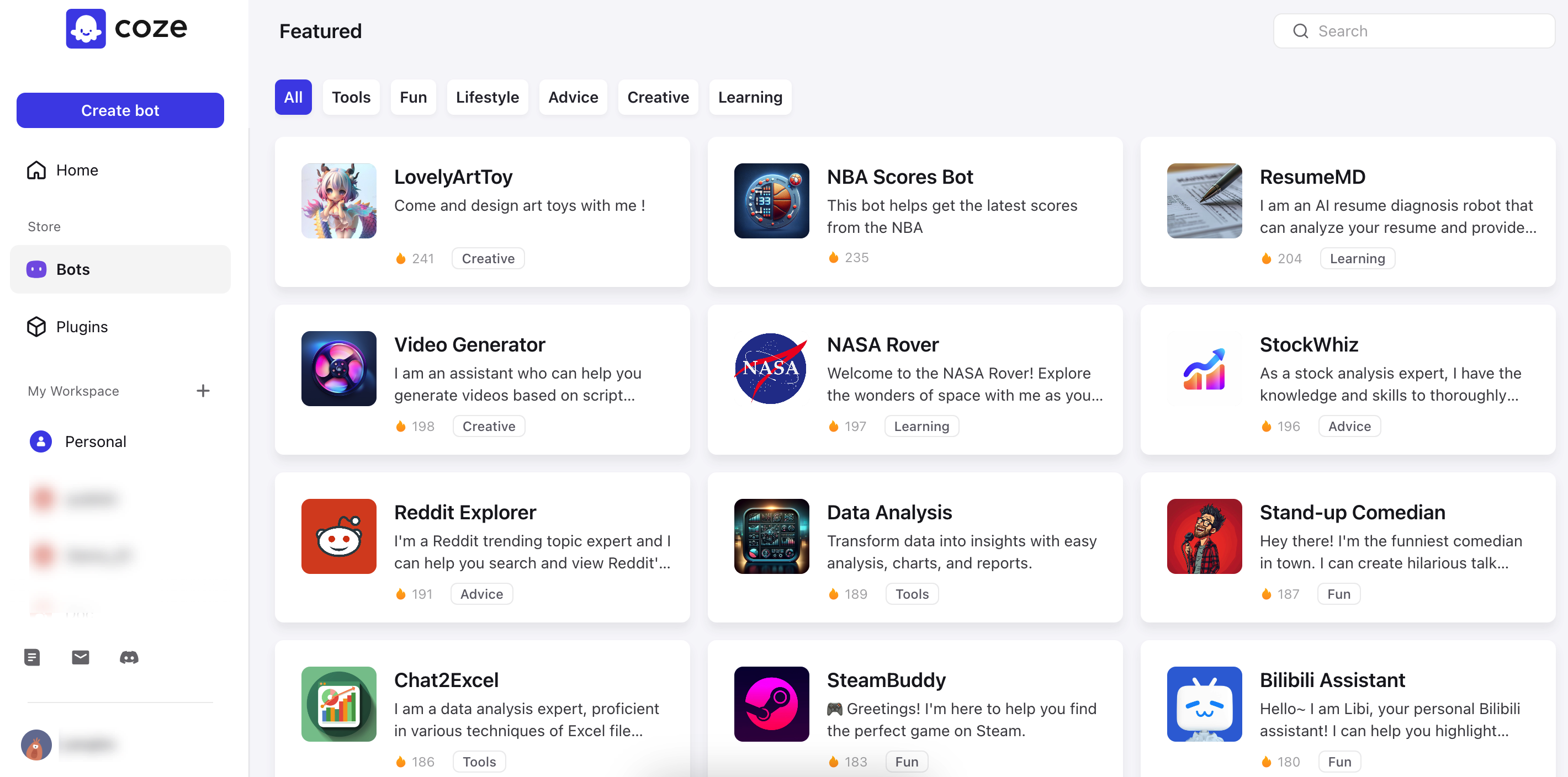 Explore prebuilt bots Coze